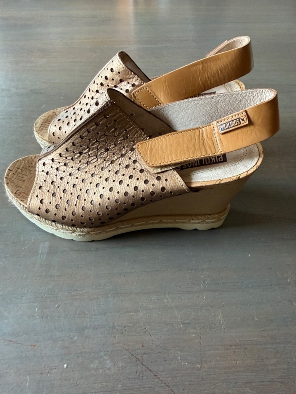 PIKOLINOS Tan Perforated Slingback Wedge Sandals